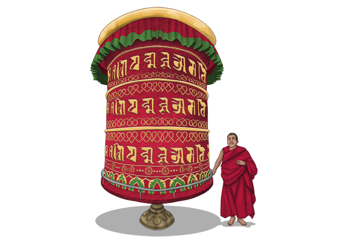 This huge prayer wheel is sited at a monastery in Tibet. Hand-held wheels are much more common and are used to enhance the prayer-chanting experience.